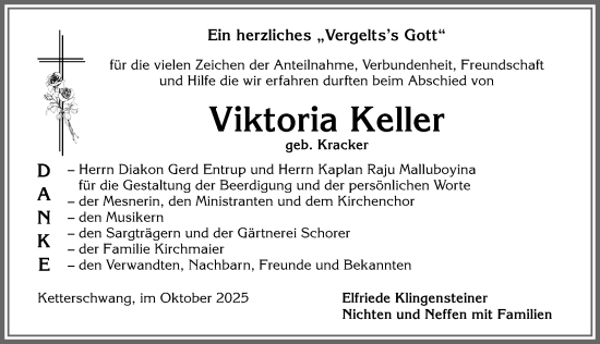 Traueranzeige von Viktoria Keller von Allgäuer Zeitung, Kaufbeuren/Buchloe