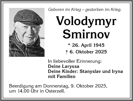Traueranzeige von Volodymyr Smirnov von Allgäuer Zeitung, Kaufbeuren/Buchloe
