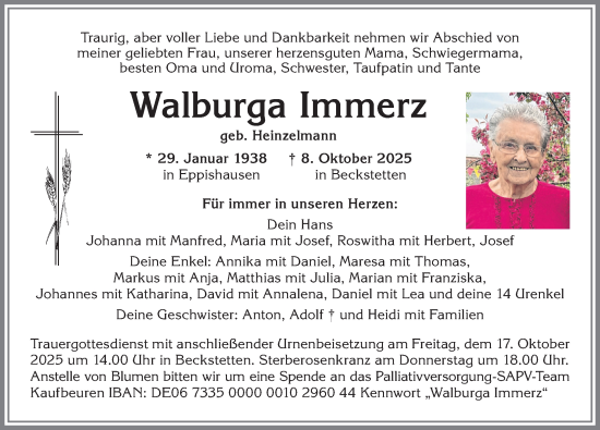 Traueranzeige von Walburga Immerz von Allgäuer Zeitung, Kaufbeuren/Buchloe