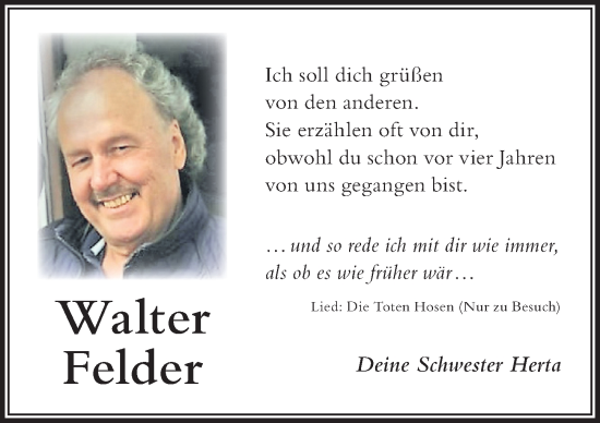 Traueranzeige von Walter Felder von Der Westallgäuer