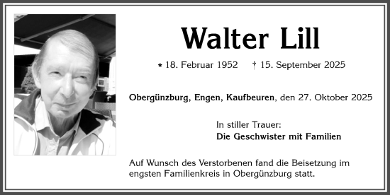 Traueranzeige von Walter Lill von Allgäuer Zeitung, Marktoberdorf
