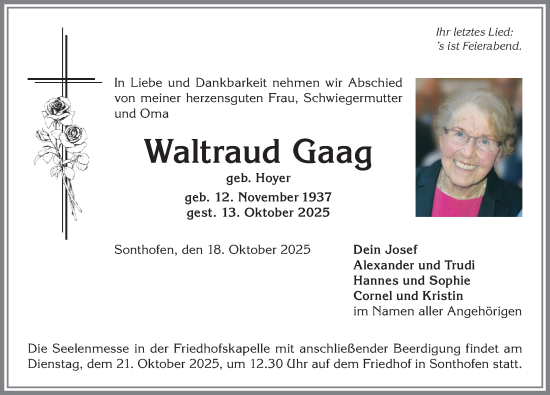Traueranzeige von Waltraud Gaag von Allgäuer Anzeigeblatt