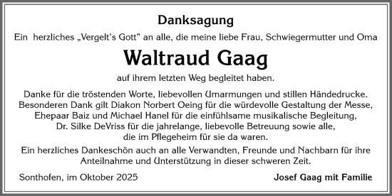 Traueranzeige von Waltraud Gaag von Allgäuer Anzeigeblatt