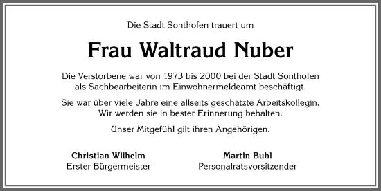 Traueranzeige von Waltraud Nuber von Allgäuer Anzeigeblatt