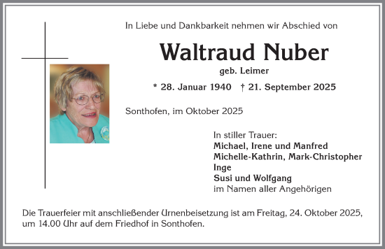 Traueranzeige von Waltraud Nuber von Allgäuer Anzeigeblatt
