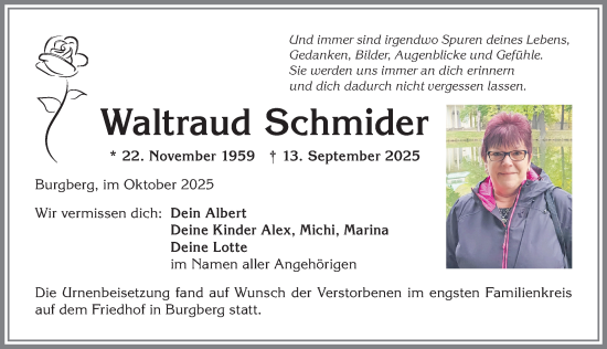 Traueranzeige von Waltraud Schmider von Allgäuer Anzeigeblatt