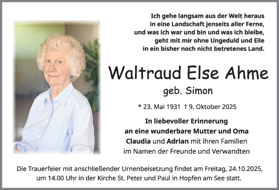 Traueranzeige von Waltraud Else Ahme von Allgäuer Zeitung, Füssen