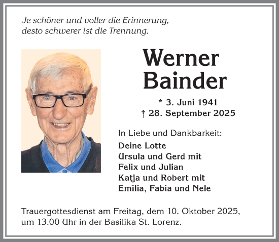Traueranzeige von Werner Bainder von Allgäuer Zeitung,Kempten