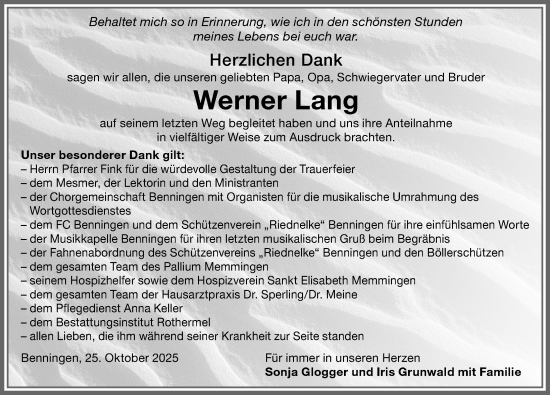 Traueranzeige von Werner Lang von Memminger Zeitung