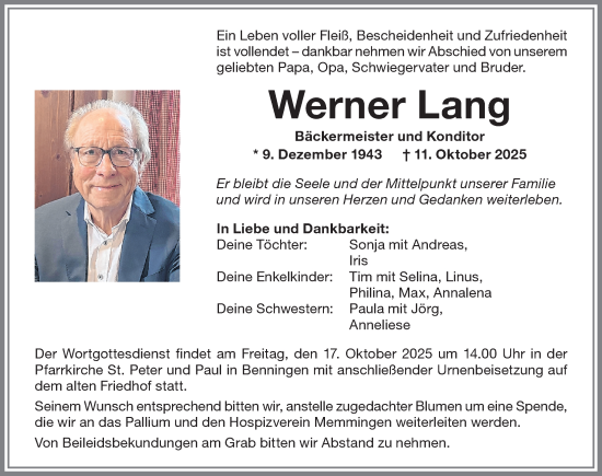Traueranzeige von Werner Lang von Memminger Zeitung