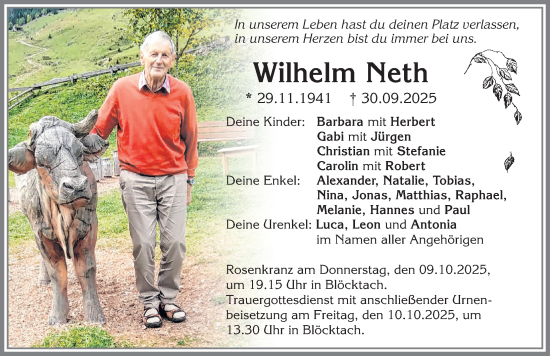 Traueranzeige von Wilhelm Neth von Allgäuer Zeitung, Kaufbeuren/Buchloe