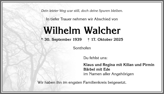 Traueranzeige von Wilhelm Walcher von Allgäuer Anzeigeblatt