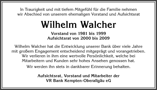 Traueranzeige von Wilhelm Walcher von Allgäuer Anzeigeblatt