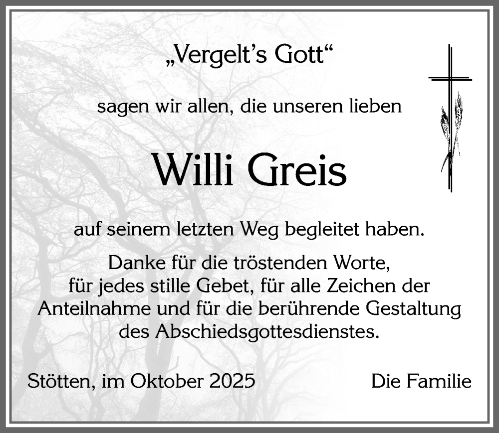  Traueranzeige für Willi Greis vom 11.10.2025 aus Allgäuer Zeitung, Marktoberdorf
