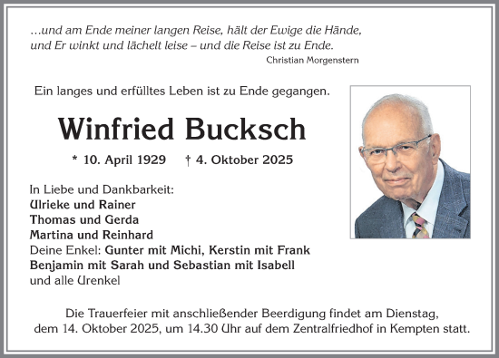 Traueranzeige von Winfried Bucksch von Allgäuer Zeitung,Kempten