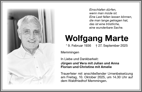 Traueranzeige von Wolfgang Marte von Memminger Zeitung