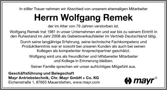 Traueranzeige von Wolfgang Remek von Allgäuer Zeitung, Kaufbeuren/Buchloe
