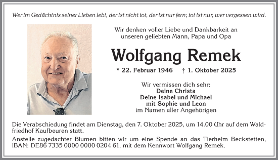 Traueranzeige von Wolfgang Remek von Allgäuer Zeitung, Kaufbeuren/Buchloe