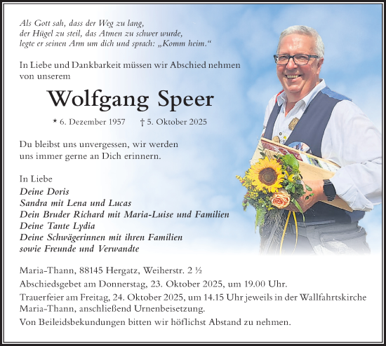 Traueranzeige von Wolfgang Speer von Der Westallgäuer