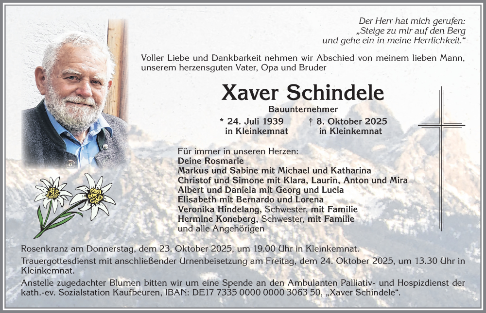  Traueranzeige für Xaver Schindele vom 18.10.2025 aus Allgäuer Zeitung, Kaufbeuren/Buchloe
