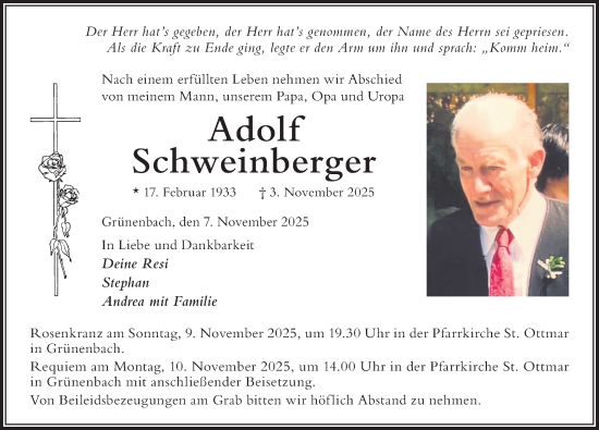 Traueranzeige von Adolf Schweinberger von Der Westallgäuer