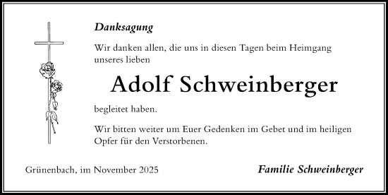 Traueranzeige von Adolf Schweinberger von Der Westallgäuer