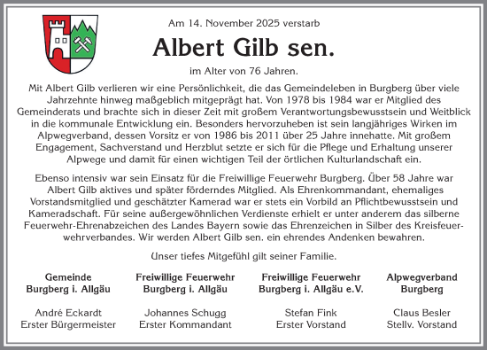 Traueranzeige von Albert Gilb  von Allgäuer Anzeigeblatt