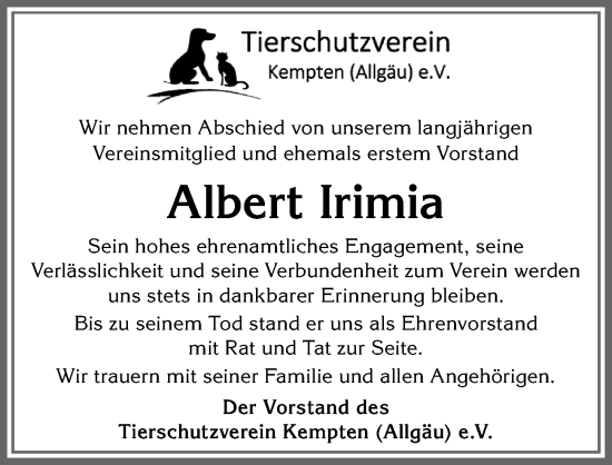 Traueranzeige von Albert Irimia von Allgäuer Zeitung,Kempten