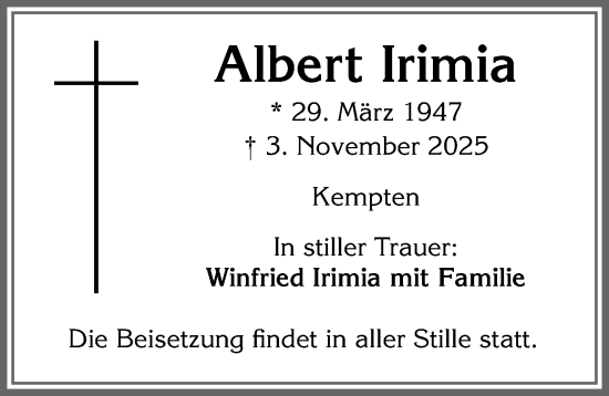 Traueranzeige von Albert Irimia von Allgäuer Zeitung,Kempten