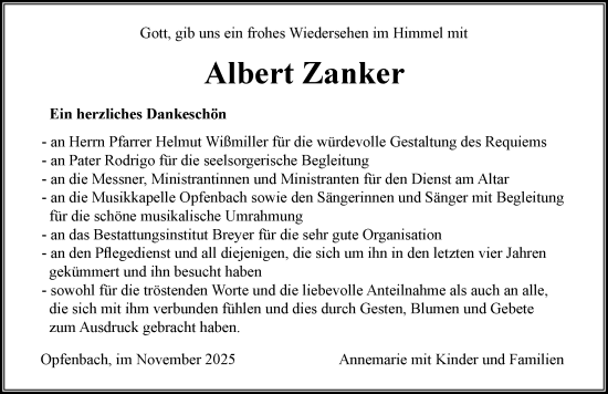 Traueranzeige von Albert Zanker von Der Westallgäuer