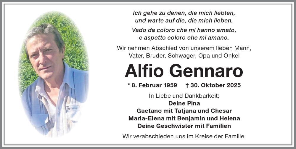  Traueranzeige für Alfio Gennaro vom 10.11.2025 aus Allgäuer Zeitung,Kempten