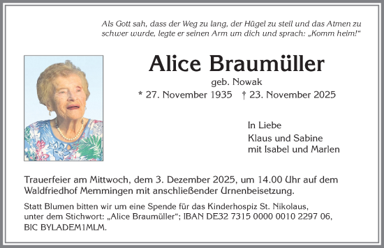 Traueranzeige von Alice Braumüller von Memminger Zeitung
