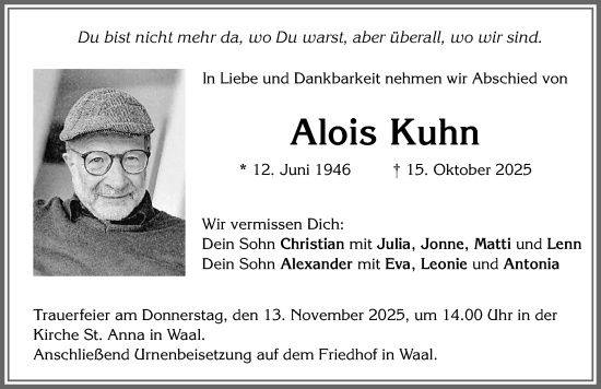 Traueranzeige von Alois Kuhn von Allgäuer Zeitung, Kaufbeuren/Buchloe