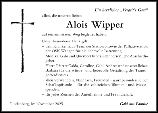 Traueranzeige von Alois Wipper von Der Westallgäuer