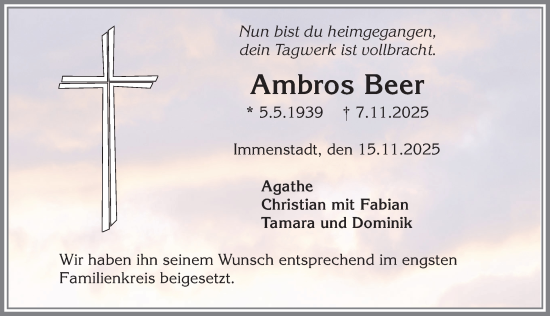 Traueranzeige von Ambros Beer von Allgäuer Anzeigeblatt