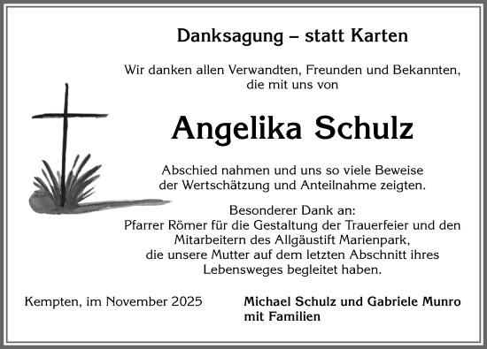 Traueranzeige von Angelika Schulz von Allgäuer Zeitung,Kempten
