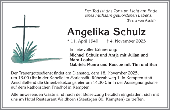 Traueranzeige von Angelika Schulz von Allgäuer Zeitung,Kempten
