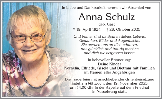 Traueranzeige von Anna Schulz von Allgäuer Zeitung, Füssen