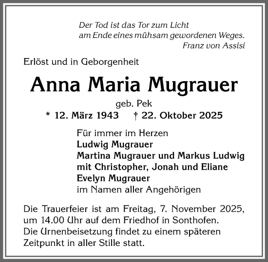 Traueranzeige von Anna Maria Mugrauer von Allgäuer Anzeigeblatt