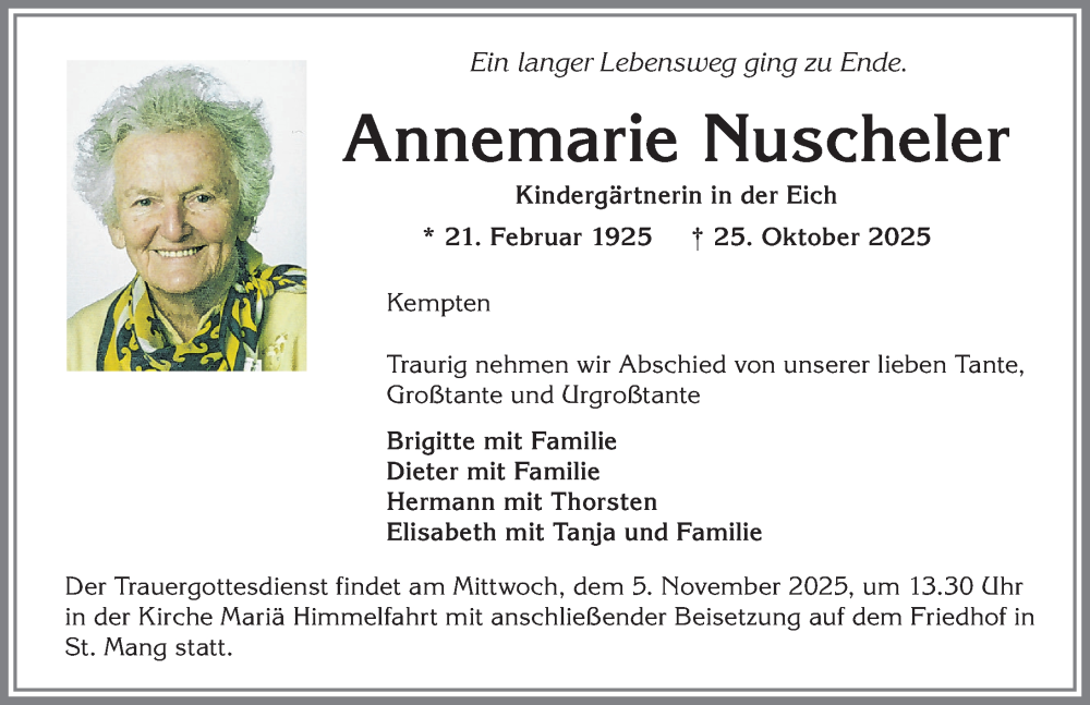  Traueranzeige für Annemarie Nuscheler vom 03.11.2025 aus Allgäuer Zeitung,Kempten