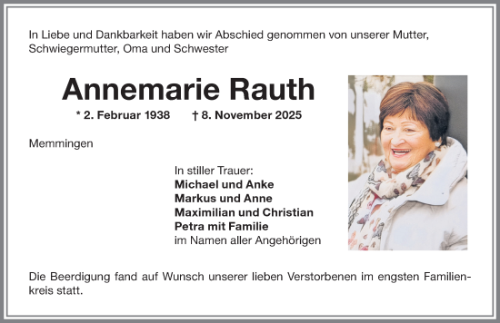 Traueranzeige von Annemarie Rauth von Memminger Zeitung