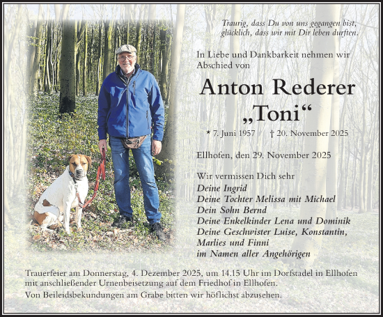 Traueranzeige von Anton Rederer von Der Westallgäuer