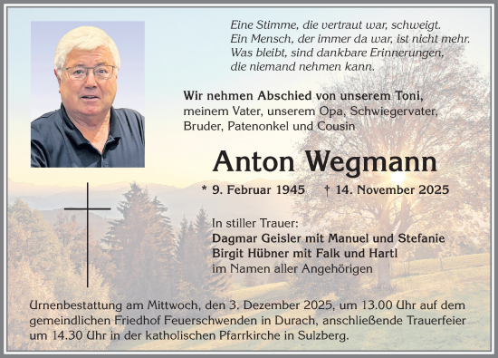 Traueranzeige von Anton Wegmann von Allgäuer Zeitung,Kempten