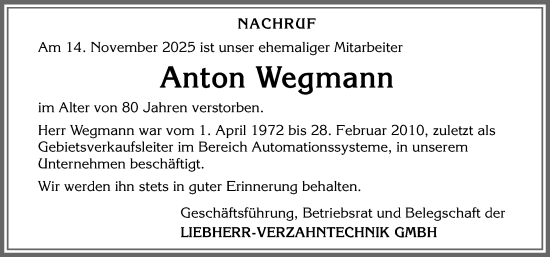 Traueranzeige von Anton Wegmann von Allgäuer Zeitung,Kempten