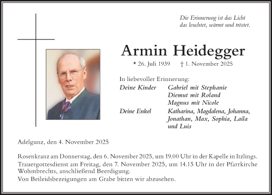 Traueranzeige von Armin Heidegger von Der Westallgäuer