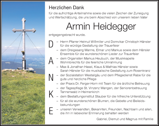 Traueranzeige von Armin Heidegger von Der Westallgäuer