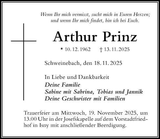 Traueranzeige von Arthur Prinz von Der Westallgäuer