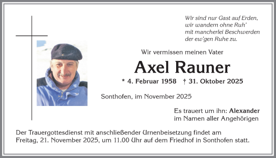 Traueranzeige von Axel Rauner von Allgäuer Anzeigeblatt
