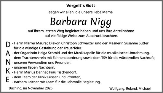 Traueranzeige von Barbara Nigg von Allgäuer Zeitung, Füssen