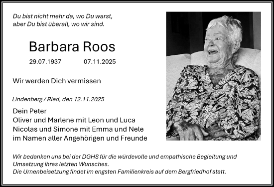 Traueranzeige von Barbara Roos von Der Westallgäuer